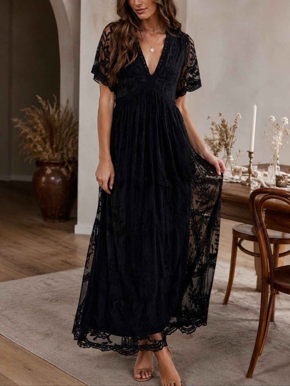 PinkBlush  Lace V Neck Maxi Dress Boho Floral Sheer NWT M